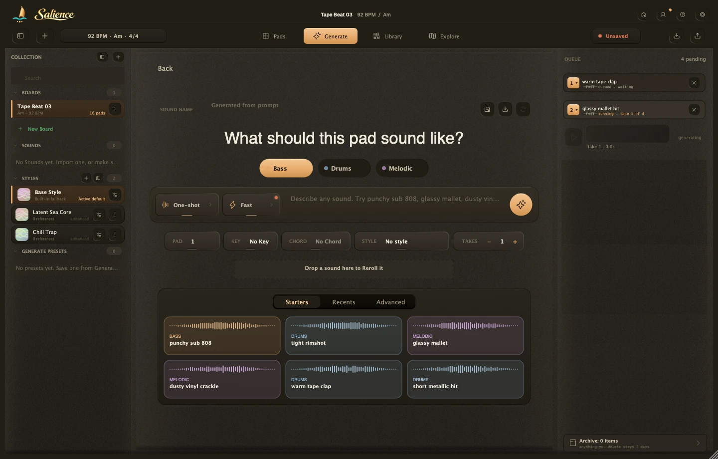 Salience's Generate view: a prompt box under 'What should this pad sound like?', with starter prompts below
