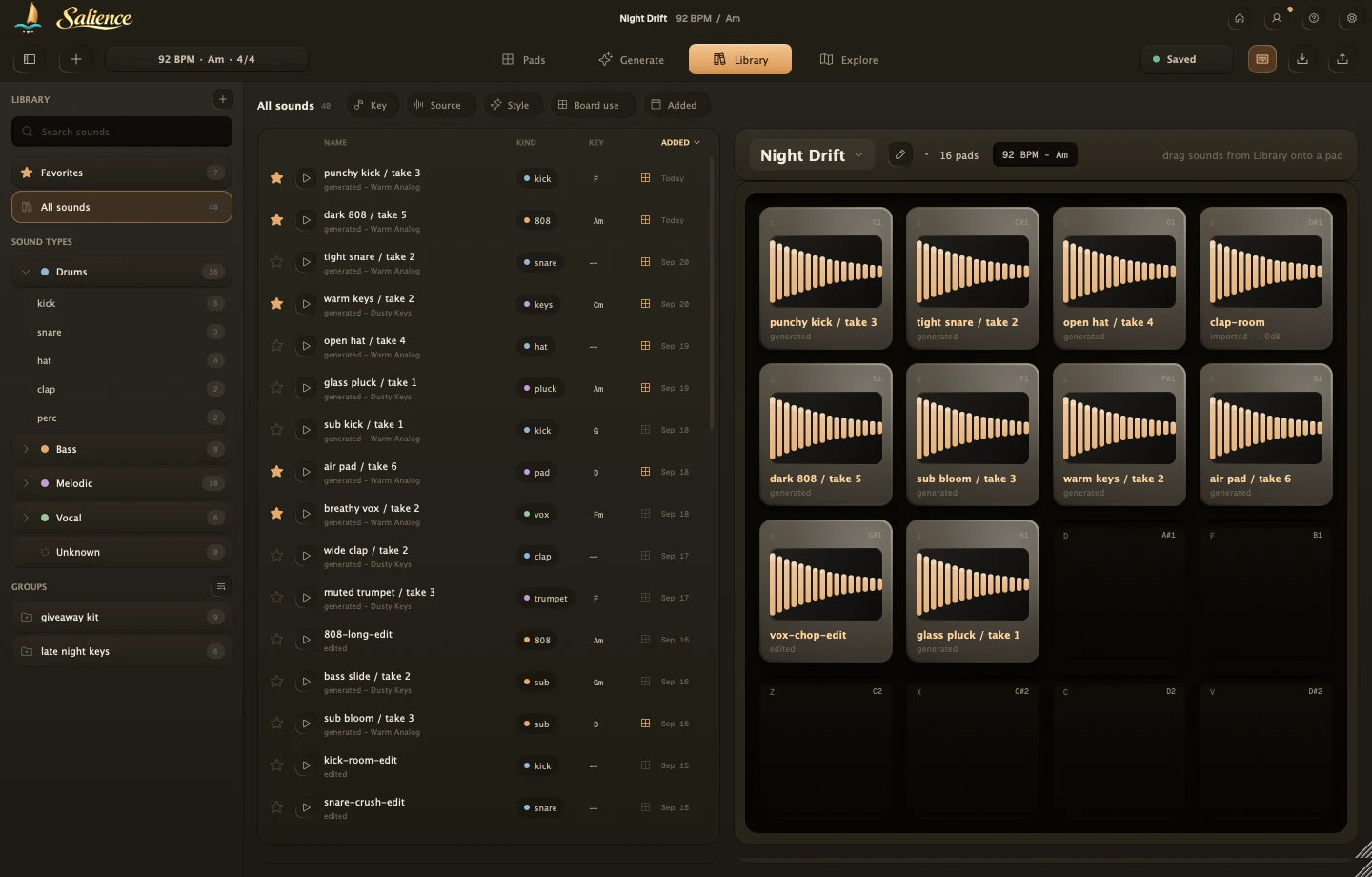 Salience's Library tab: the sidebar, the sound list, and the Board's pads on the right