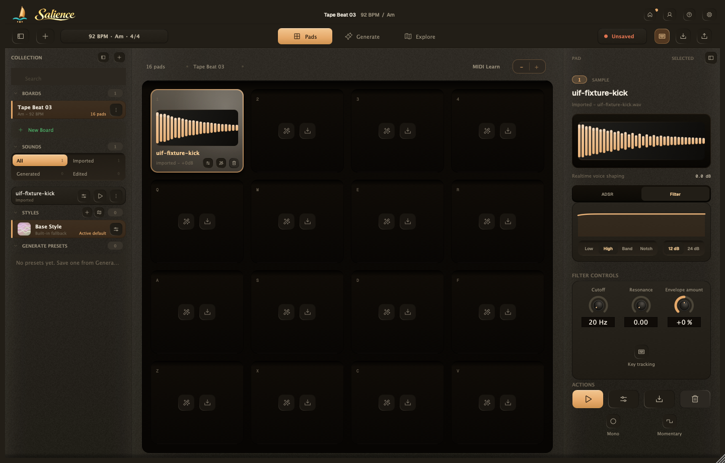 Salience's Pad inspector on the Filter tab, High pass at 12 dB